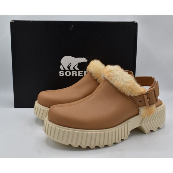 Sorel Women Size 8 ONA AVE Tawny Buff Leather Faux Fur Ankle Strap Mules Shoes - Picture 1 of 13